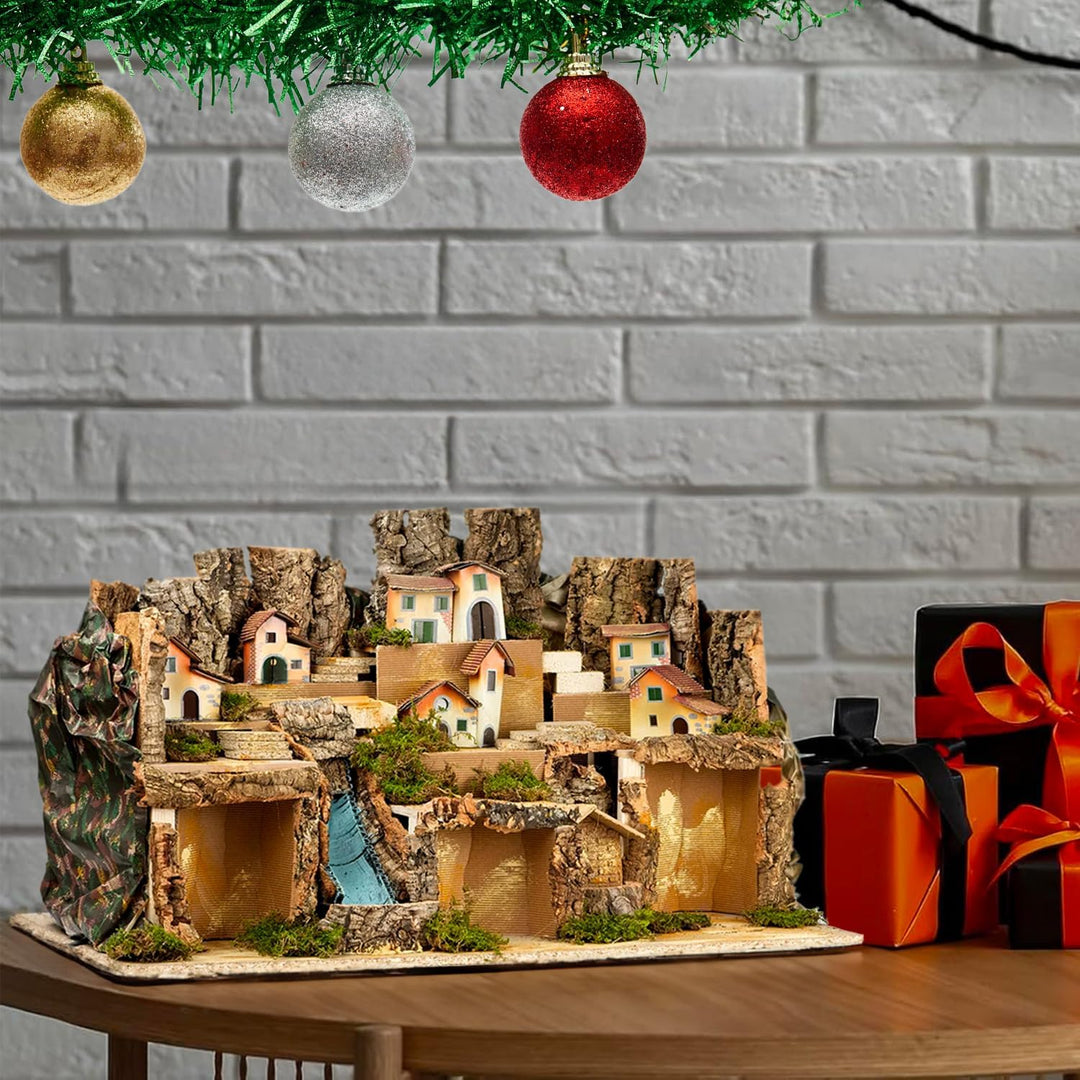 Avilia Napoletanische Krippe aus Kork, 80 x 50 x 45 cm, mit batteriebetriebenen Lichtern – handgefer