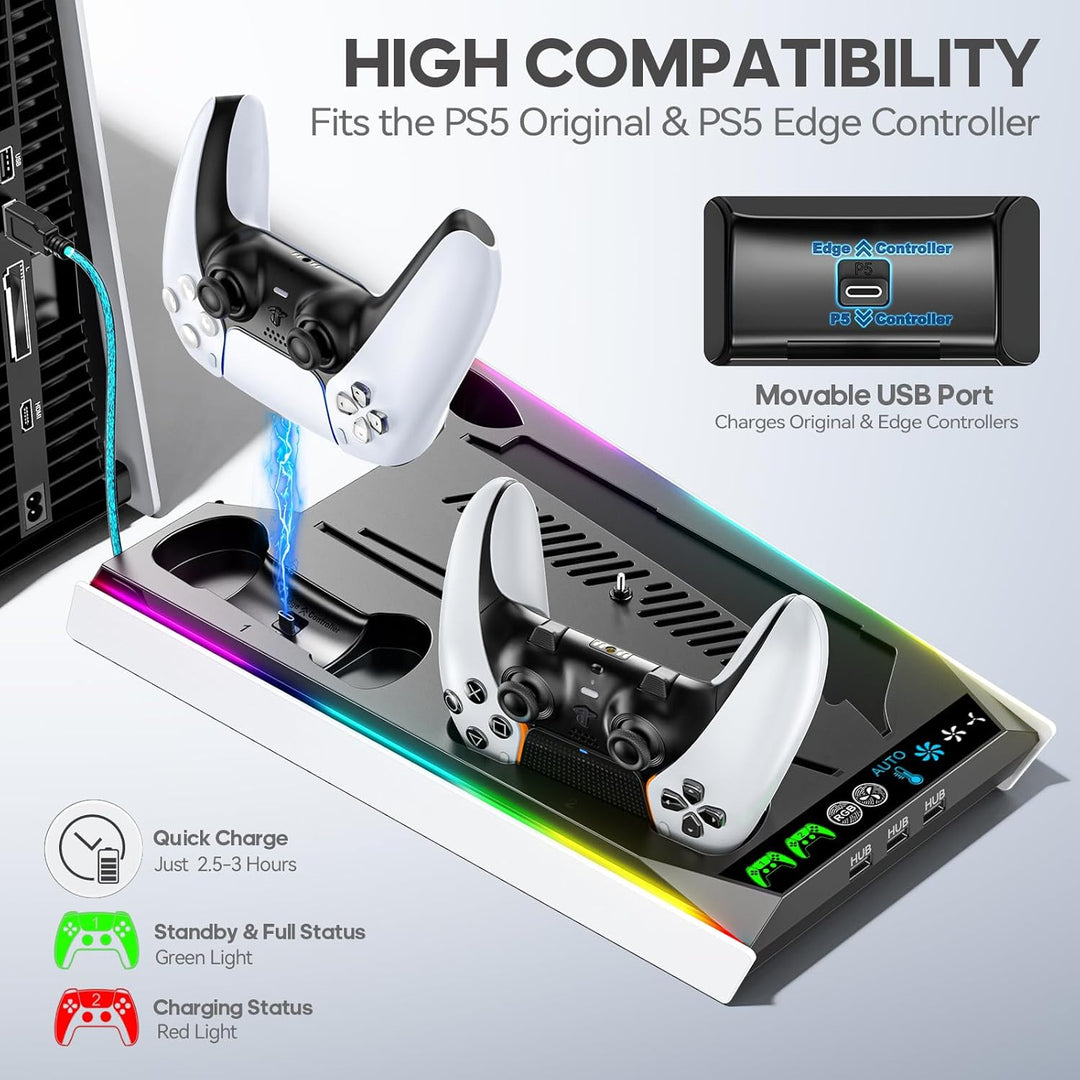 PS5 Ständer für PS5 Slim Disc/PS5 Disc & Digital, 3-stufige Kühlstation und RGB LED mit Controller L