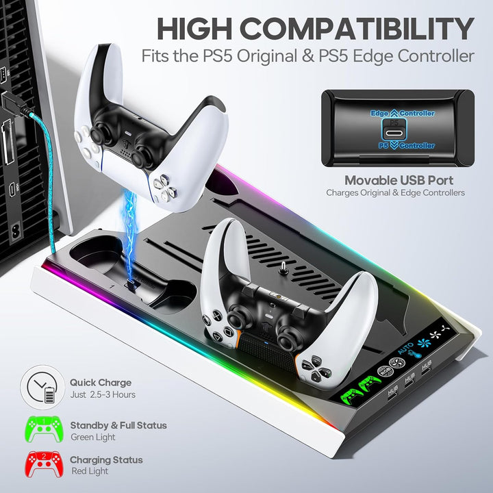 PS5 Ständer für PS5 Slim Disc/PS5 Disc & Digital, 3-stufige Kühlstation und RGB LED mit Controller L