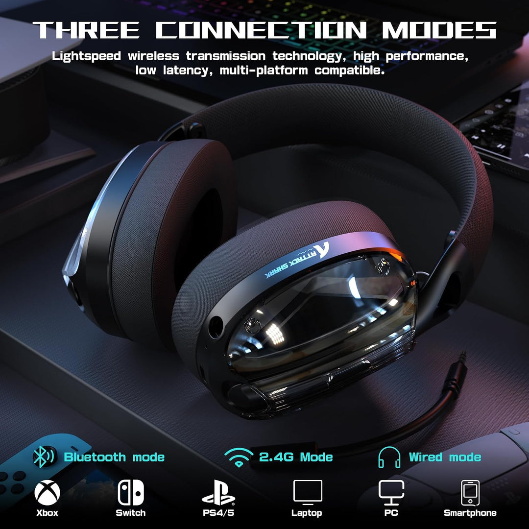 ATTACK SHARK L60 Kabelloses Gaming-Headset, 2,4G/BT/3,5mm-Kabel-Schwarz, Schwarz