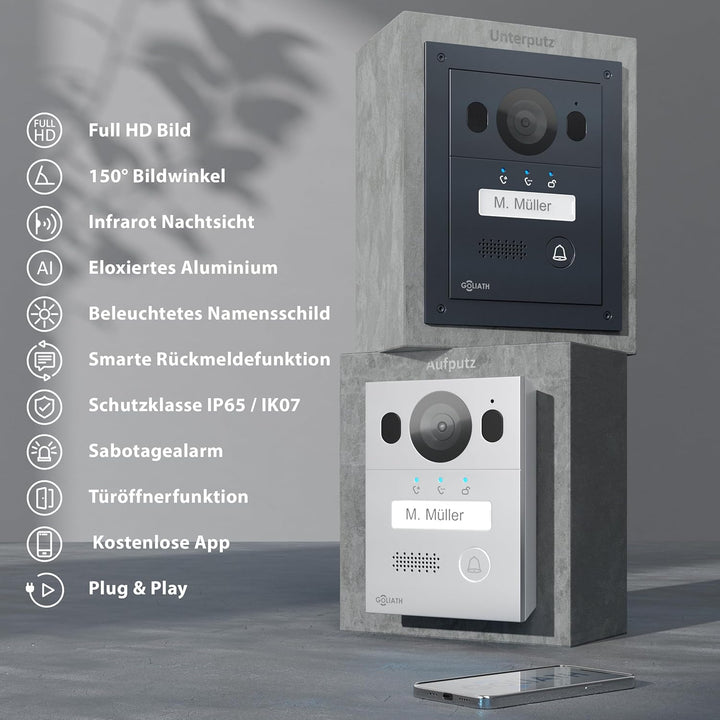 GOLIATH Basic Video Türsprechanlage, 2 Draht Bus, 2X 7 Monitor, Unterputz Türklingel mit Kamera, Geg