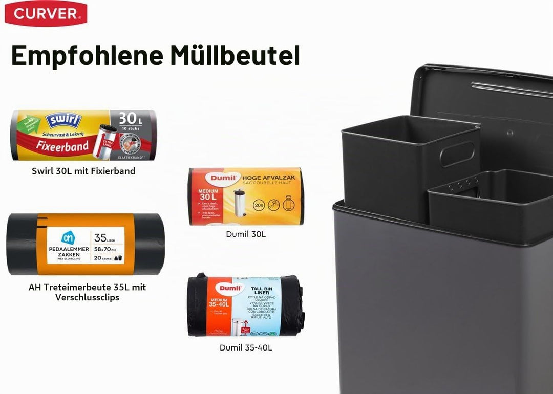 Curver Decobin Duo Tretmülleimer, 52L Gesamtvolumen, Grau – mit Mülltrennung und 2 herausnehmbaren 2
