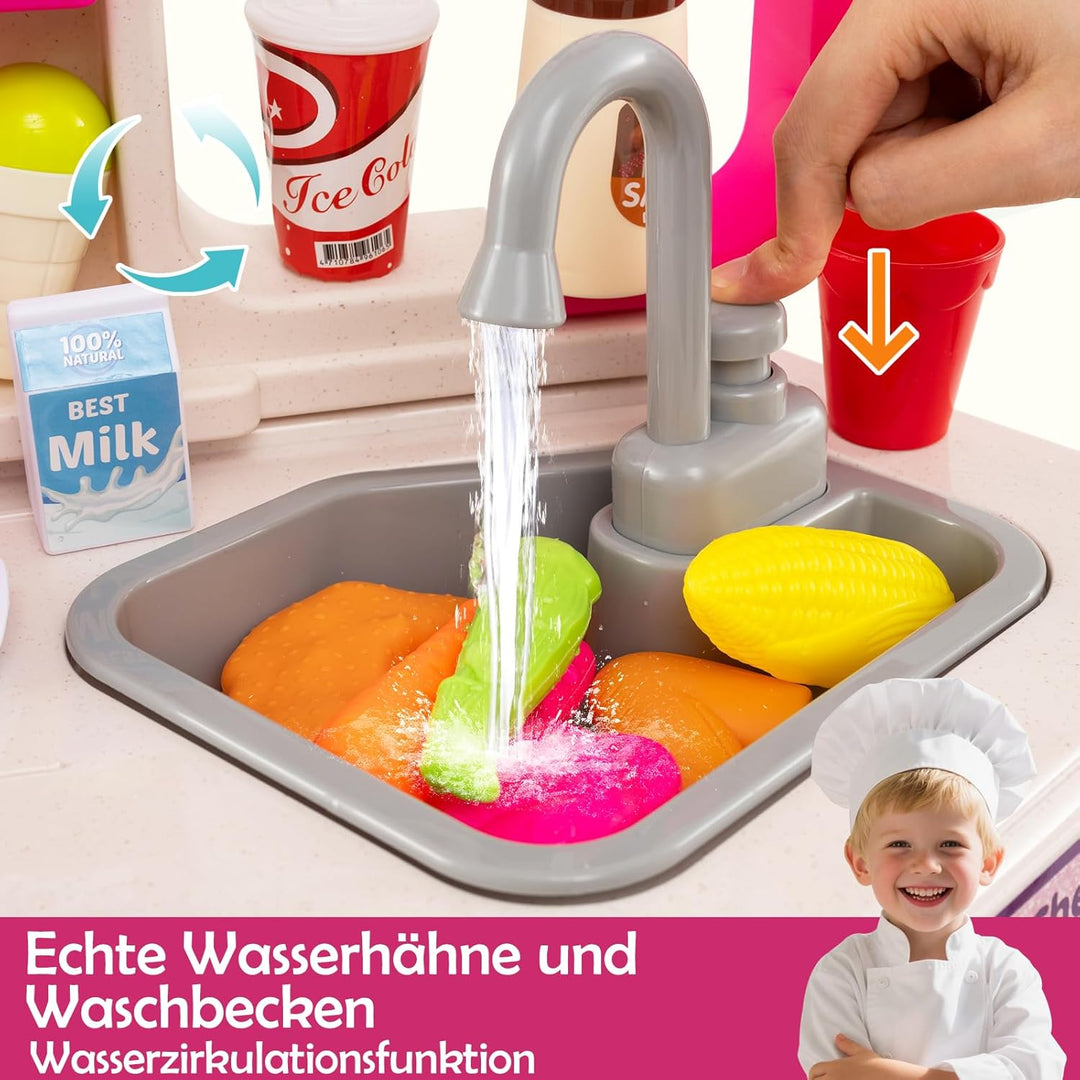 COSTWAY Kinderküche mit 113 Zubehör, Eck-Spielküche mit Licht, Sound & Dampf, Kinder Küche mit Kochh