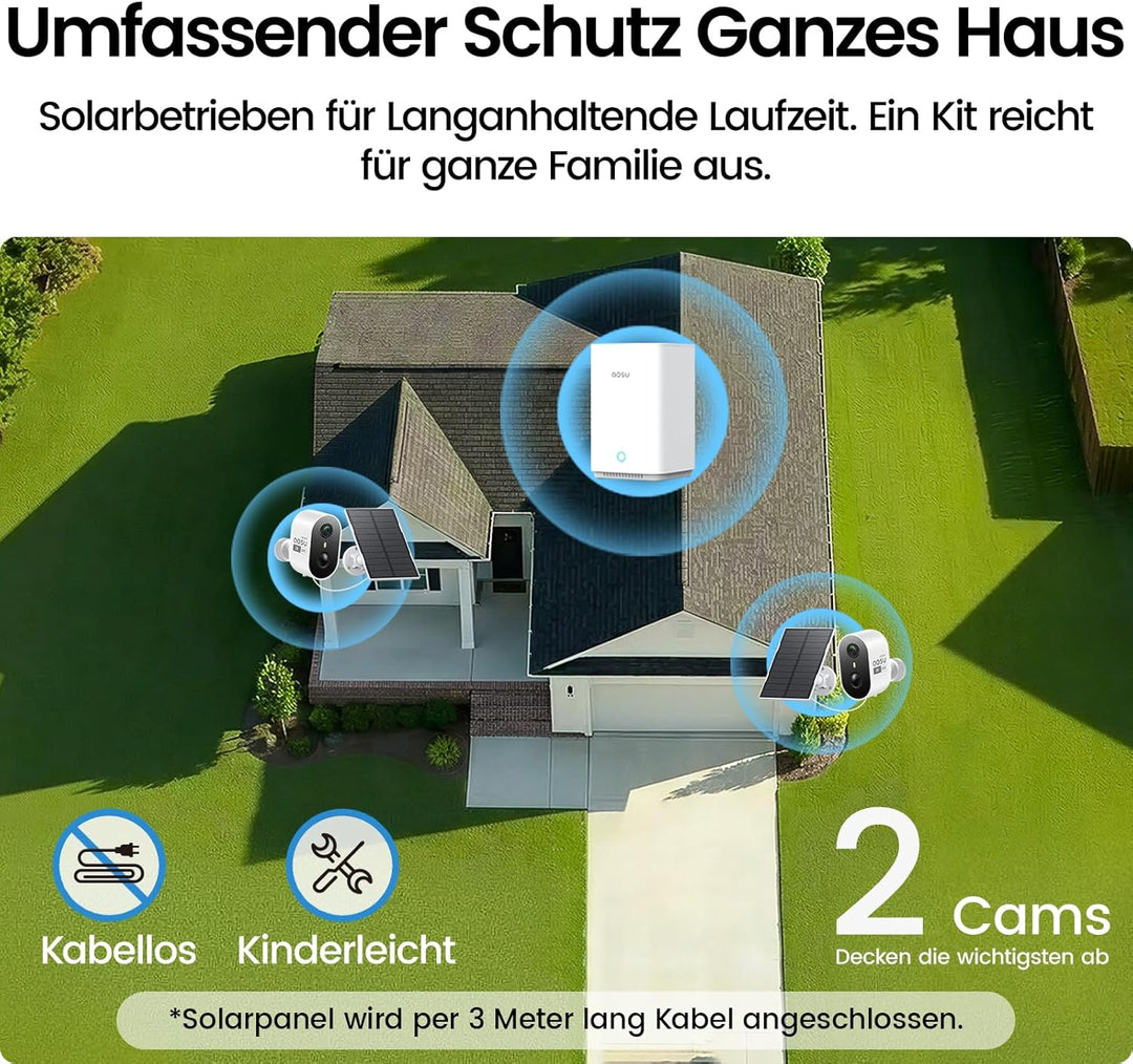 aosu 2K Überwachungskamera Aussen Akku Solar 2er-Kit mit Aosubase 2.0 ohne ABO 32GB Lokal Speicher K