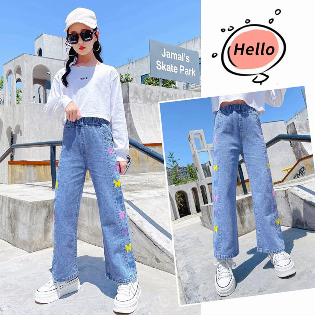 Rolanko Mädchen Jean Hosen Loch Denim Blau Jeans, Vintage Hose mit weitem Bein für Kinder Fit 6-7 Ja