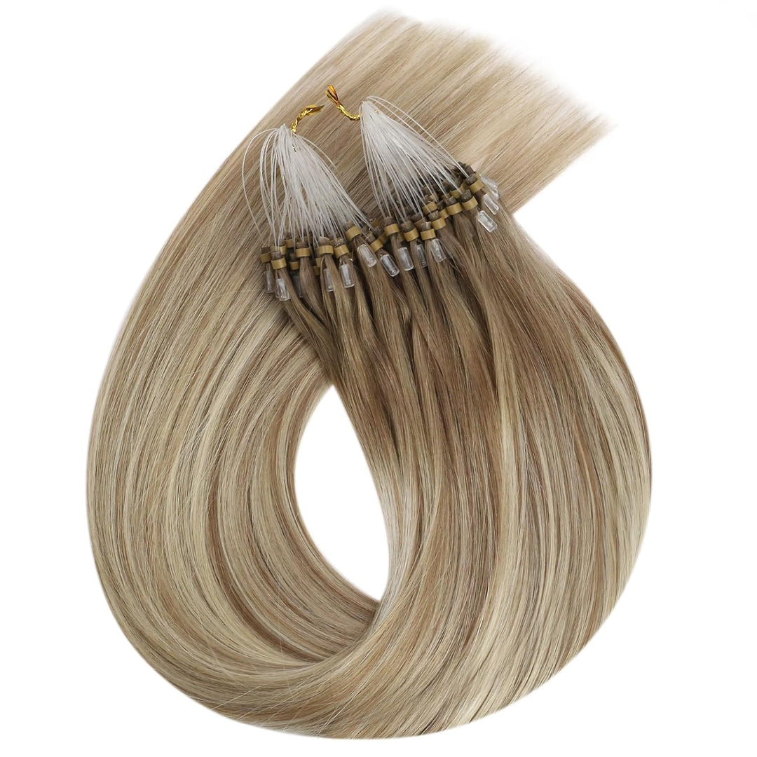 Ugeat 50cm Micro Loop Extensions Echthaar Balayage 9A/60/9A Hellbraun mit Platinblond Echthaar Verlä