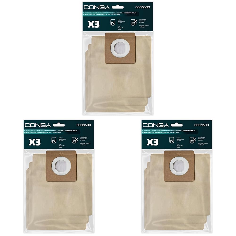 Cecotec Pack 3 Staubsaugerbeutel für Bodenstaubsauger Conga PowerBag 2500 Compact Plus. Enthält Beut