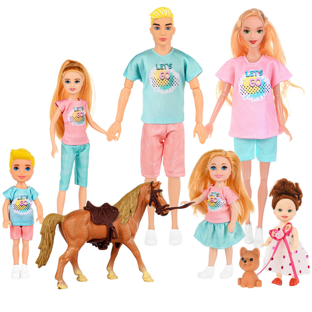 Familie Puppen Set von 7 Personen mit Welpen und Pferd Zubehör Inklusive 11.5 Zoll schwanger Mama, P
