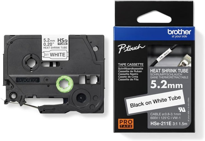 Brother Original Pro Tape HSe-211E Schrumpfschlauch – schwarz auf weiss, 5,2 mm breit, 1,5 m lang