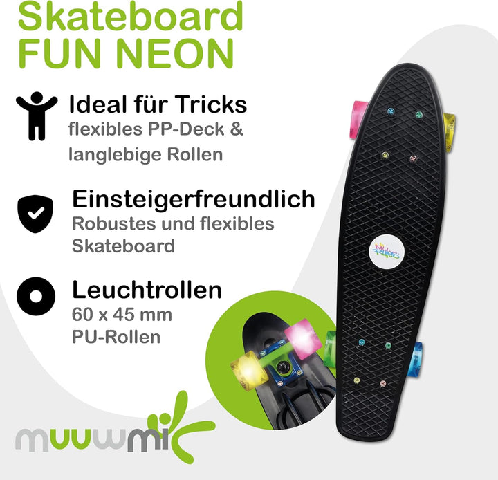 muuwmi Lights Skateboard Fun Glow – LED-Leuchtrollen (batterielos), Deck 57x15cm, rutschfest, ABEC5,