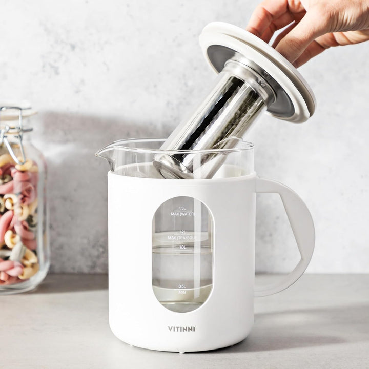 Vitinni Smart Wasserkocher, 1,5L, Glänzend-Weiss, Eingebautes Teesieb, Touch-Steuerung, Warmhaltefun