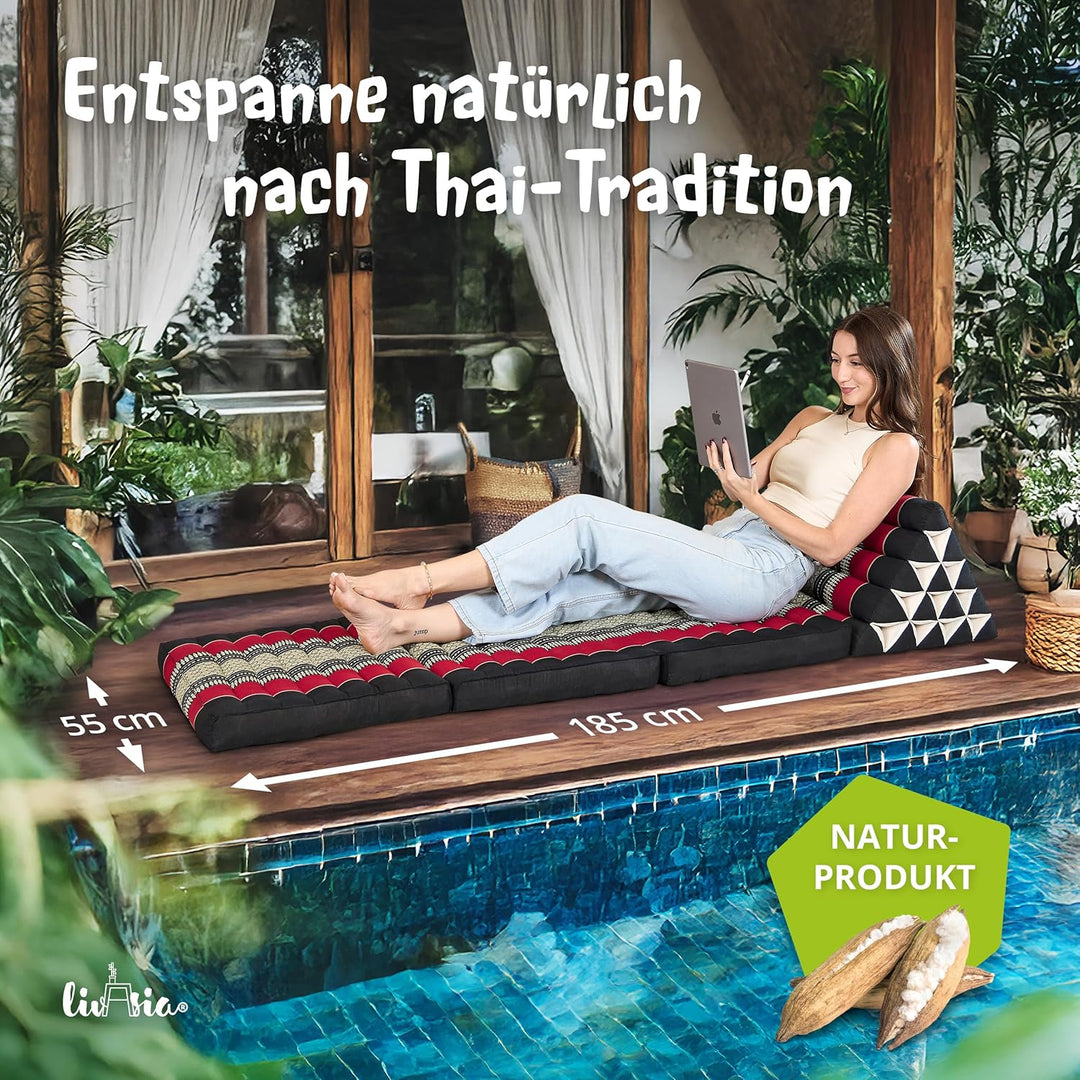 livasia Thaikissen 3 Auflagen extrahoch - 185x55x8cm - Dreieckskissen mit Klappmatratze, Kapok, Jumb