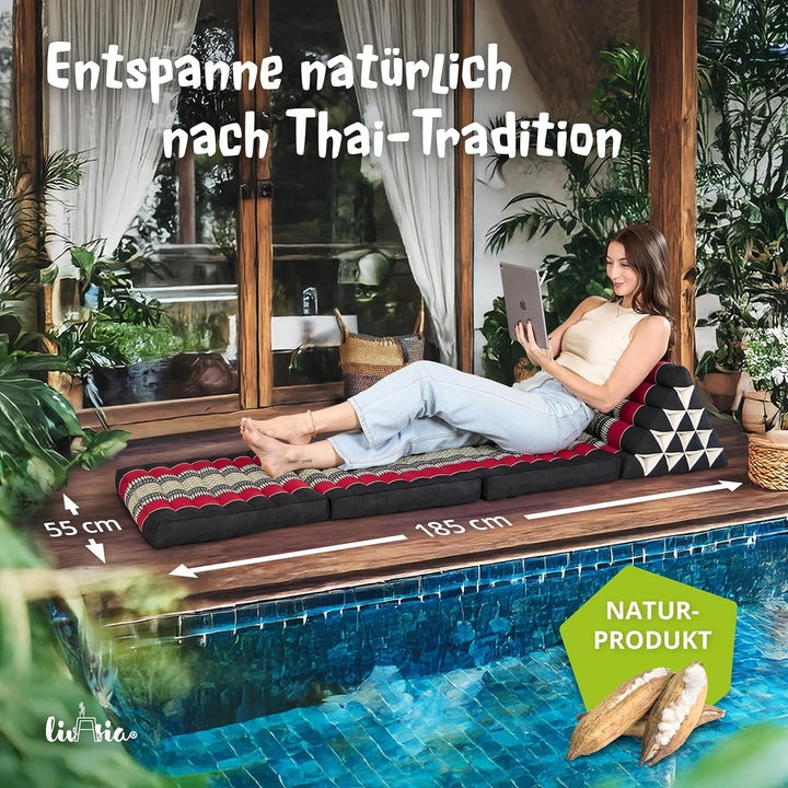 livasia Thaikissen 3 Auflagen extrahoch - 185x55x8cm - Dreieckskissen mit Klappmatratze, Kapok, Jumb