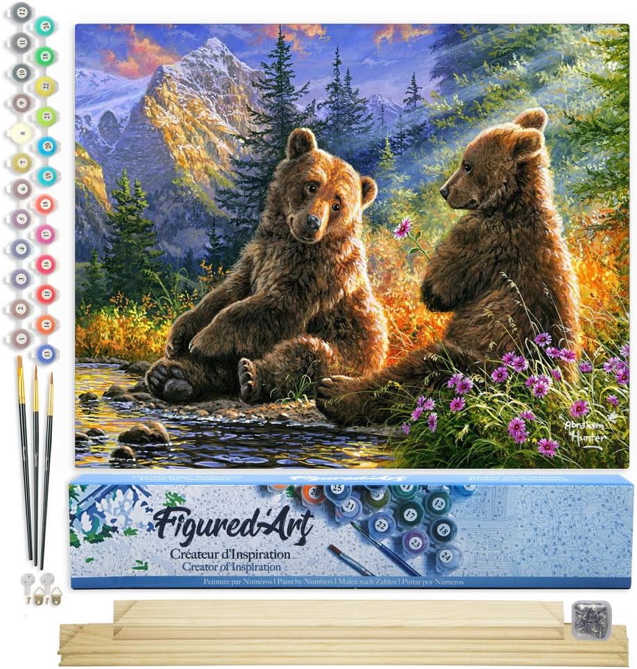 Figured'Art Malen Nach Zahlen Erwachsene Mit Rahmen Bärenpaar - Paint by Numbers Basteln DIY Bastels