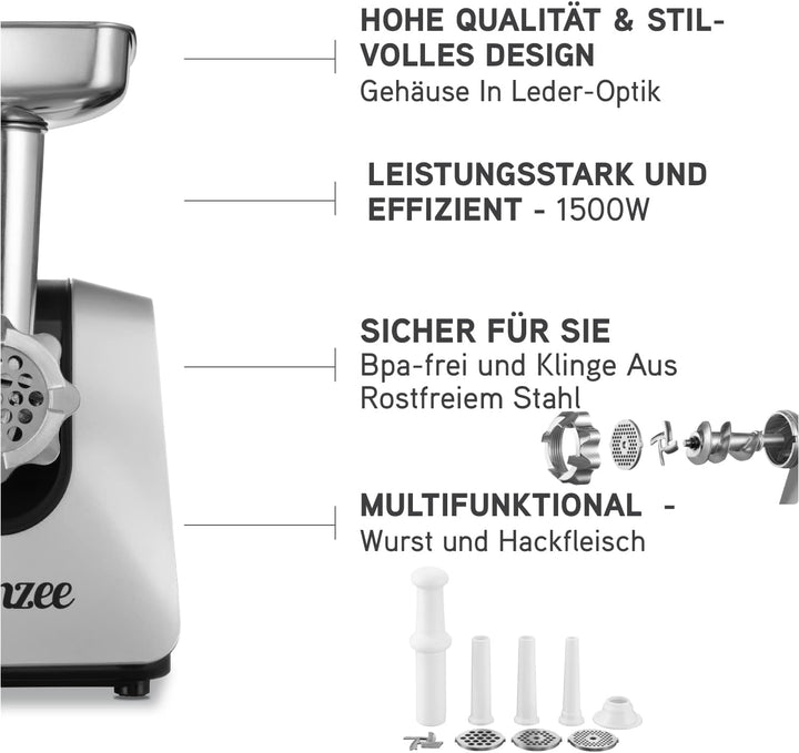 Twinzee - Elektrischer Fleischwolf mit Wurstfüller, Schwarz - Für Fleisch und Wurst - Küchenmaschine