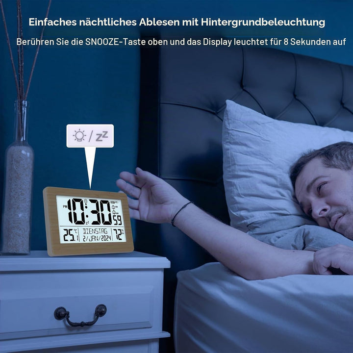 Wecker Digital Funkuhr Tischuhr mit grossem LCD-Display, Kalender, Temperatur, Luftfeuchtigkeit, Hin
