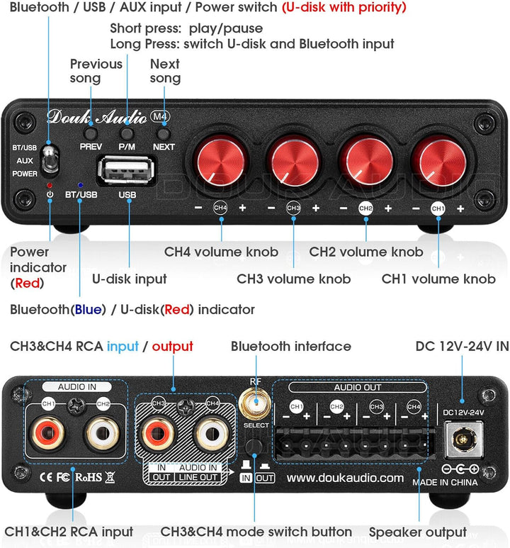 Douk Audio HiFi Bluetooth 5.0 Digital Power Amplifier Stereo 2/4 Channel Audio Verstärker 50W x 4