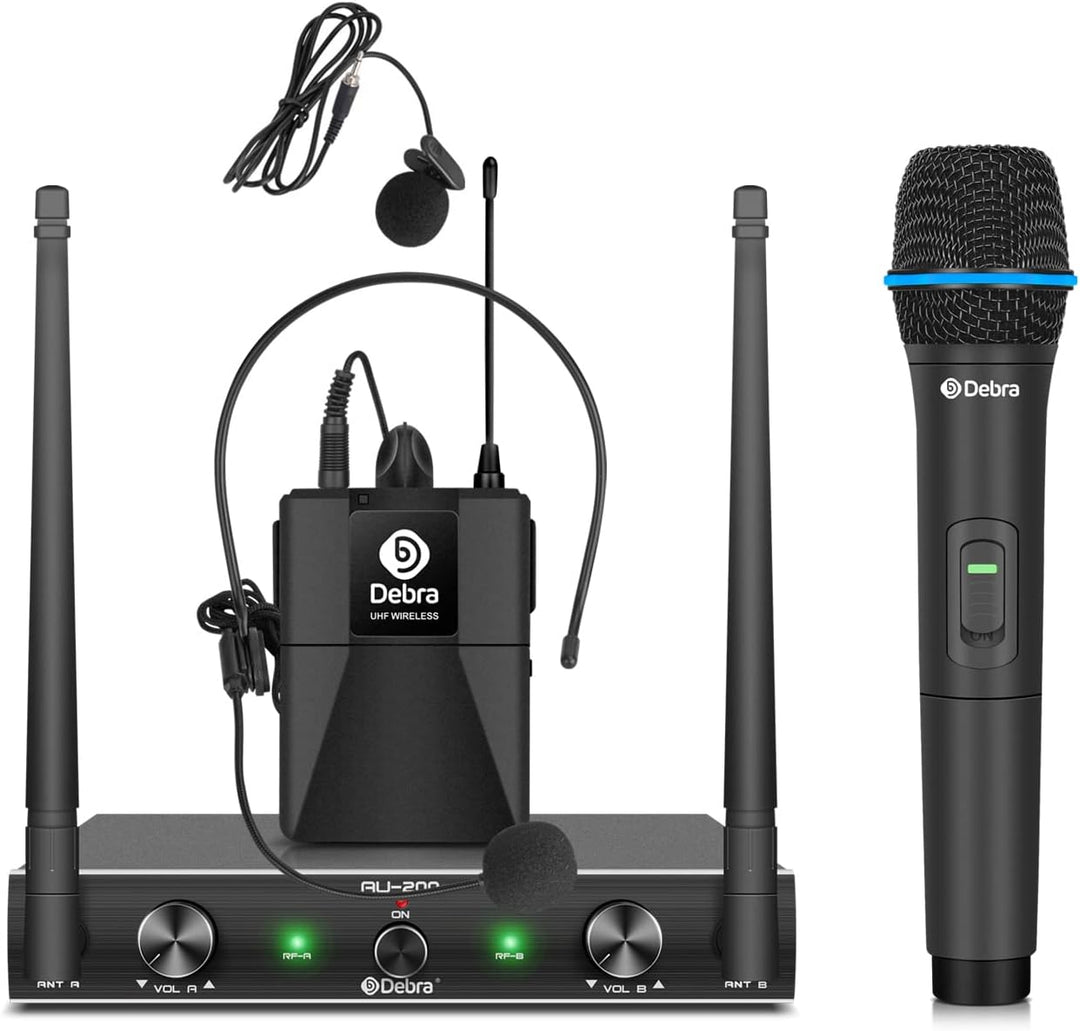 D Debra Audio AU200 Pro UHF 2-Kanal-Drahtlos-Mikrofonsystem mit schnurlosen Lavalier-Headset-Mikrofo
