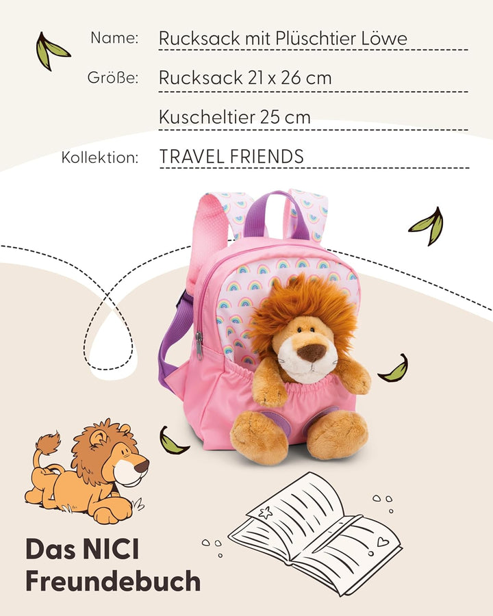 NICI Kinderrucksack rosa 2 in 1 mit Kuscheltier Löwe 25cm - Kindergartenrucksack Mädchen & Jungen -