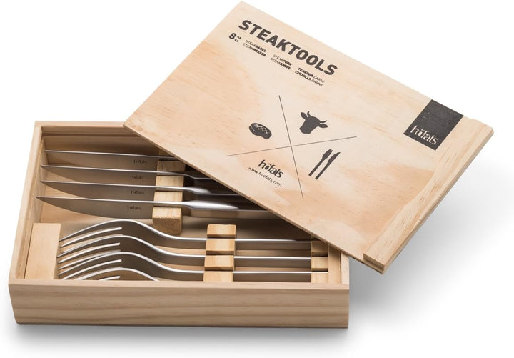 höfats - Steakbesteck 8-teilig mit Steakmesser, Steakgabel und Holzkiste - Besteckset 4 Personen - r
