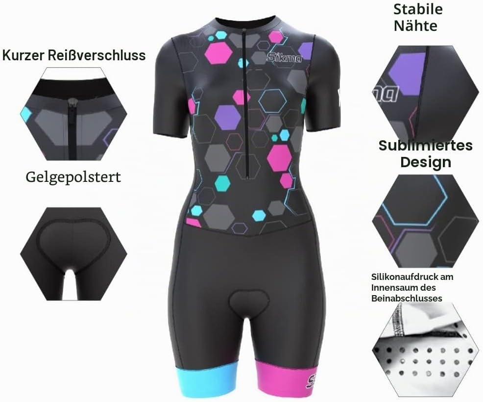 Radsport-Skinsuit für Damen, gepolstert, einteilig, Trisuit, Bike-Top, kurz, sublimiertes Design, Tr