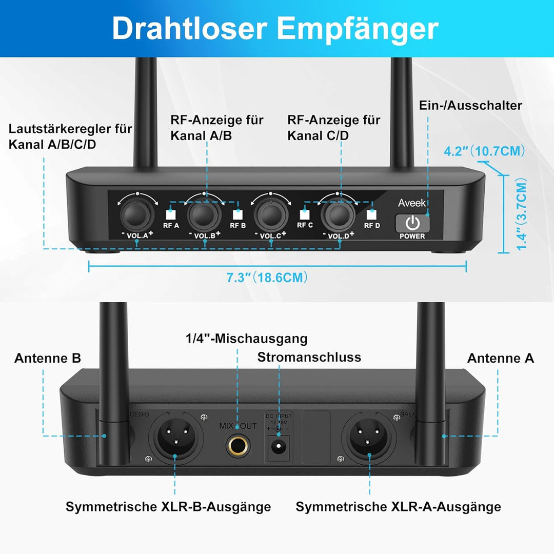 Aveek Kabelloses Mikrofonsystem mit 4er-Pack dynamischen Handmikrofonen, 79,9 m lange Reichweite, 40