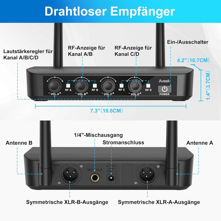 Aveek Kabelloses Mikrofonsystem mit 4er-Pack dynamischen Handmikrofonen, 79,9 m lange Reichweite, 40
