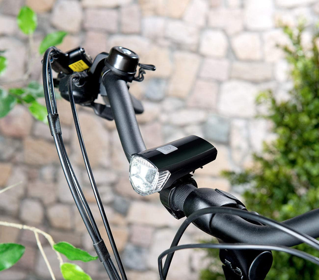 PEARL Fahrradlampe: Akku-Fahrradlicht mit Cree-LED &amp; Lenker-Halter, 120 Lumen, USB, IPX4 (Cree Fahrr