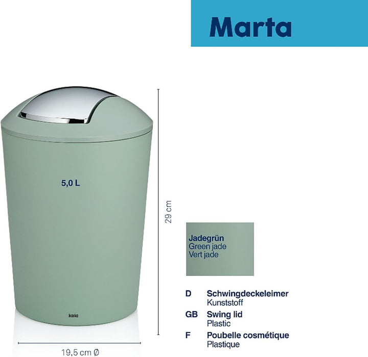 kela Schwingdeckeleimer grün, Kosmetikeimer 5l mit Schwingdeckel, Kunststoff, MARTA, Mülleimer Badez