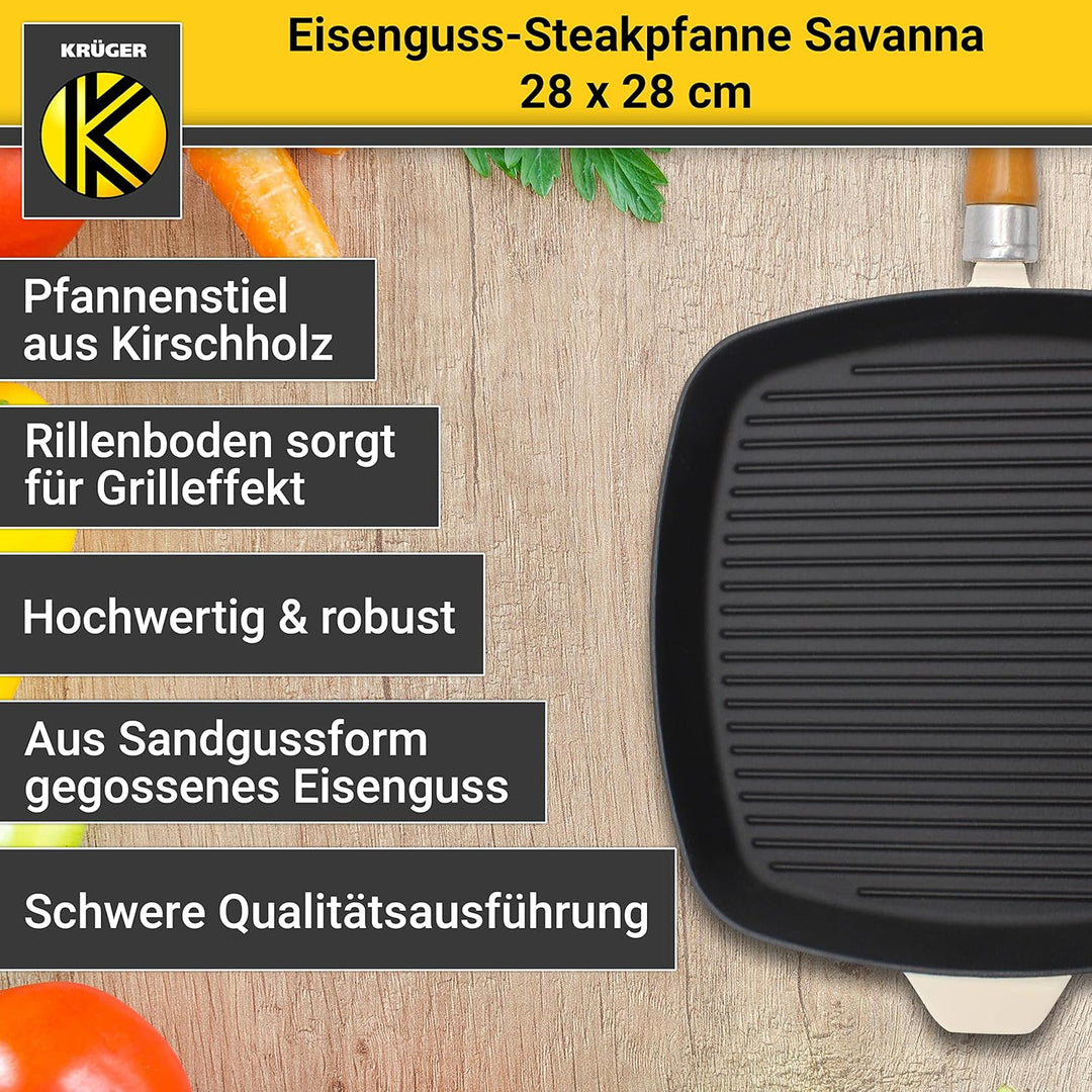 KRÜGER Gusseisen-Grillpfanne mit Holzgriff - 28 x 28 cm - emailliert - hohe Hitzebeständigkeit und l