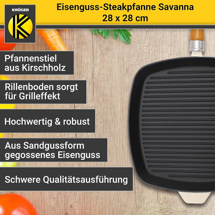 KRÜGER Gusseisen-Grillpfanne mit Holzgriff - 28 x 28 cm - emailliert - hohe Hitzebeständigkeit und l