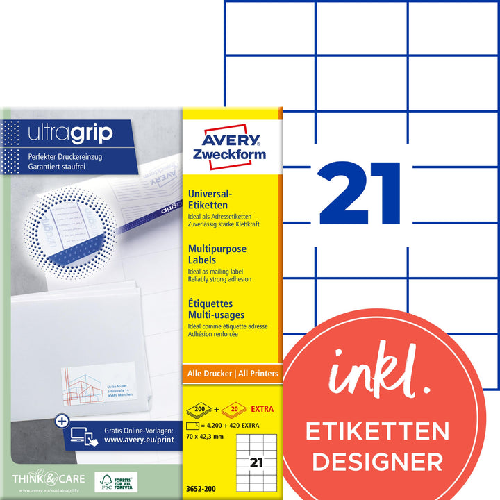AVERY Zweckform 3652-200 Adressaufkleber (4.200 plus 420 Klebeetiketten extra, 70x42,3mm auf A4, bed