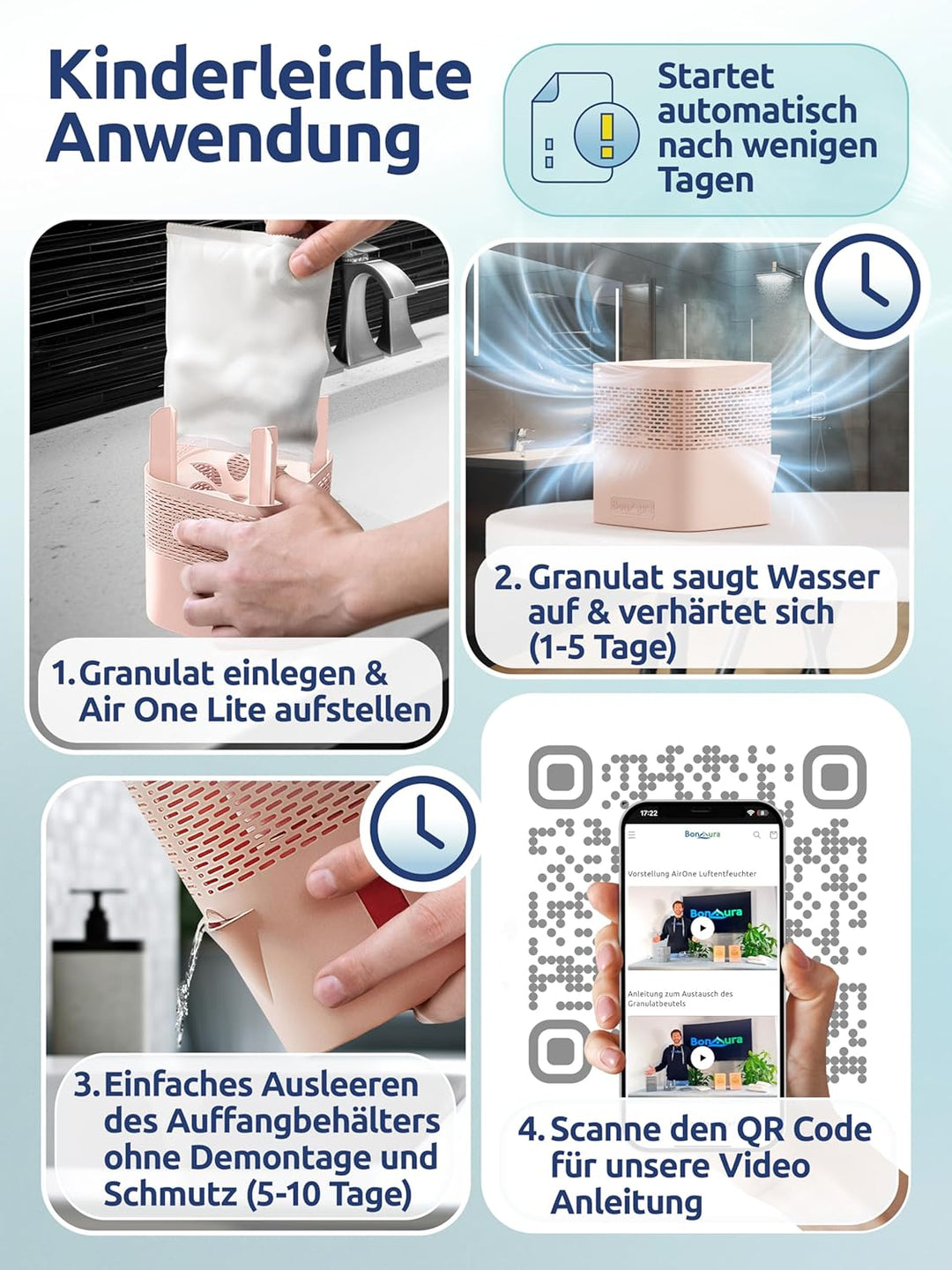 BonAura® AirOne Lite Luftentfeuchter ohne Strom mit 360° Belüftung I Raumentfeuchter mit Ausgiesser