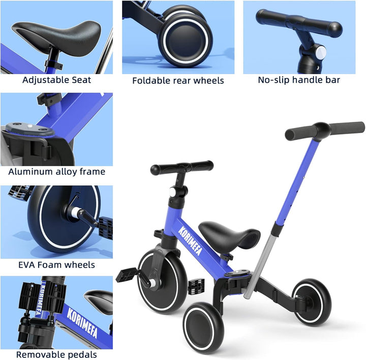 KORIMEFA 4 in 1 Laufräder Laufrad Kinderdreirad Dreirad Lauffahrrad Lauflernhilfe mit Schubstange fü