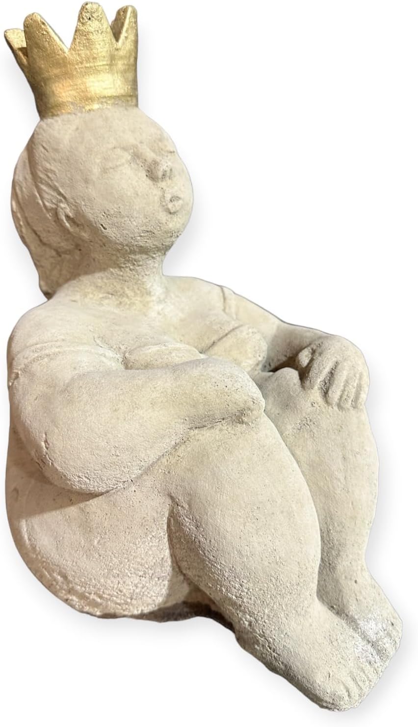 OriginalPaul Skulp &amp; Betondesign Sitzende Prinzessin mit grosser Goldener Krone als robuste Steinfig