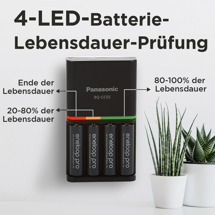 Panasonic eneloop SmartPlus Ladegerät für 1–4 AA/AAA NI-MH-Akkus, mit 4 LED-Anzeigen und 10 Sicherhe