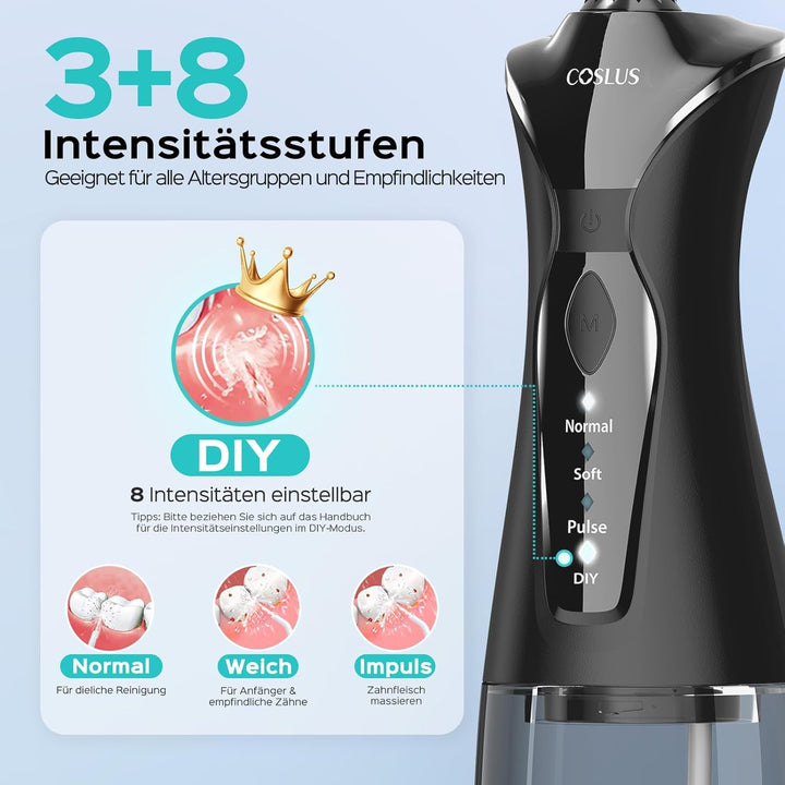 COSLUS Munddusche Kabellos Elektrischer Zahnreiniger: 4 Modi Mundduschen Kabellos 300ml Wassertank M