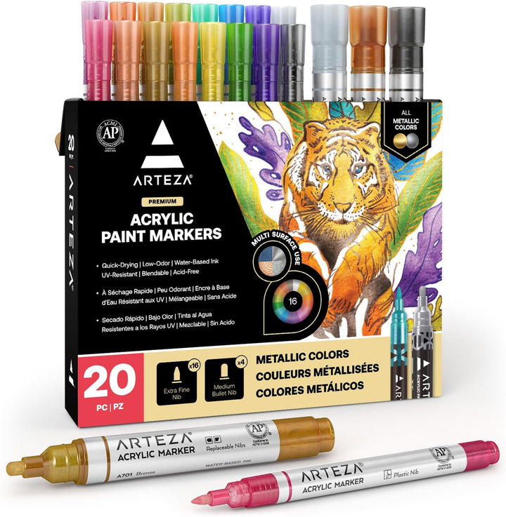 ARTEZA Acrylstifte Metallic, 20er Set verschiedene Acrylmarker mit austauschbaren Spitzen, metallic