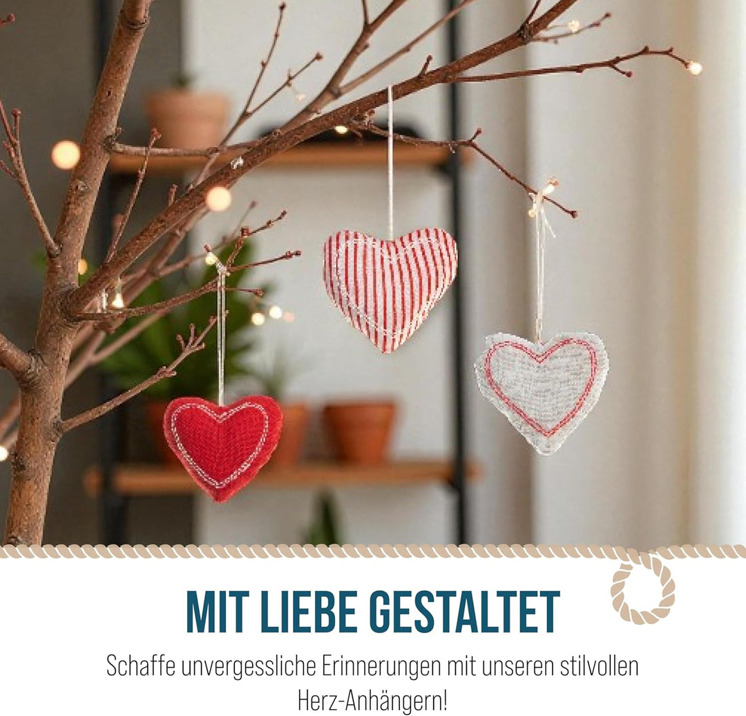 Deko Herzen zum Aufhängen, 12er Set: Herzanhänger Stoff, Stoffanhänger, Dekoherzen, Herz-Anhänger Zw