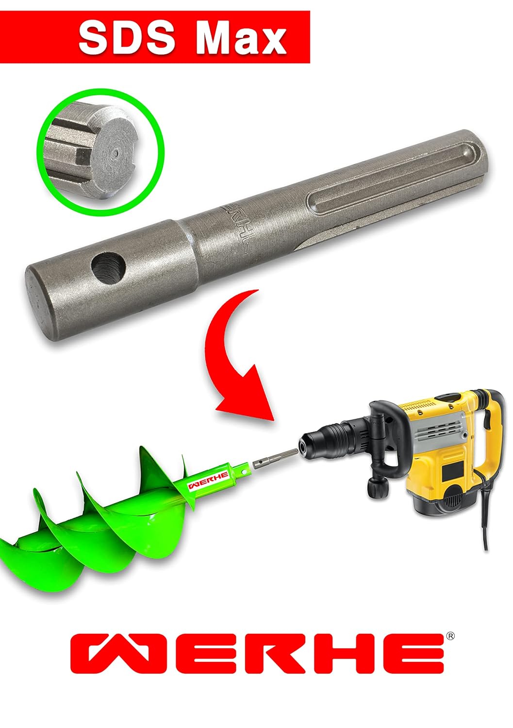 WERHE Profi Adapter für Erdbohrer passend für SDS MAX Bohrmaschine Akkubohrmaschine Bohrhammer Pfahl
