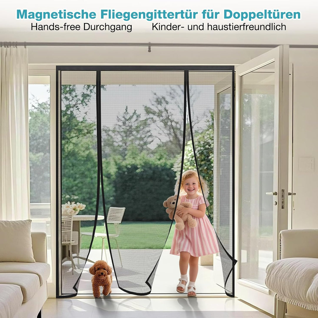 Fliegengitter Tür 160x210 cm Schwarz, Magnetisches Fliegengitter Balkontür Doppeltür – Ohne Bohren K
