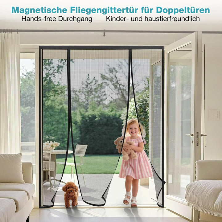 Fliegengitter Tür 160x210 cm Schwarz, Magnetisches Fliegengitter Balkontür Doppeltür – Ohne Bohren K