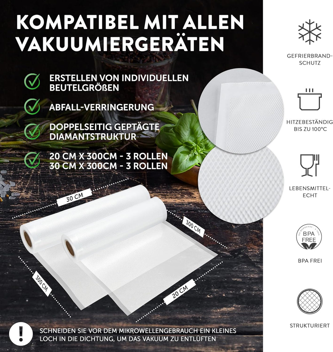 GustoVac Premium 6 Vakuumrollen, 3 Rollen 20x300cm & 3 Rollen 30x300cm Profi- Vakuumierbeutel für Va