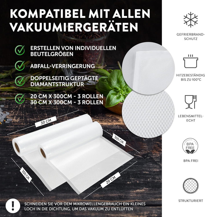 GustoVac Premium 6 Vakuumrollen, 3 Rollen 20x300cm & 3 Rollen 30x300cm Profi- Vakuumierbeutel für Va