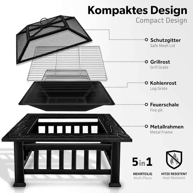 tillvex Feuerschale mit Funkenschutz & Grillrost | Feuerstelle Outdoor für den Garten | 3 in 1 BBQ G