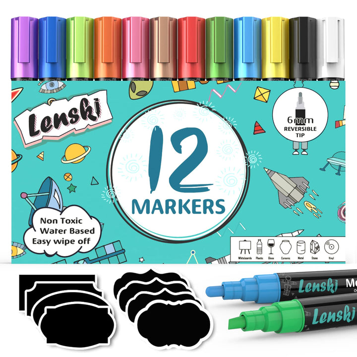 Lenski 12 Kreidestifte für Tafel Abwaschbar, Adventskalender Füllung Kinder Stifte 6MM Kreidestifte