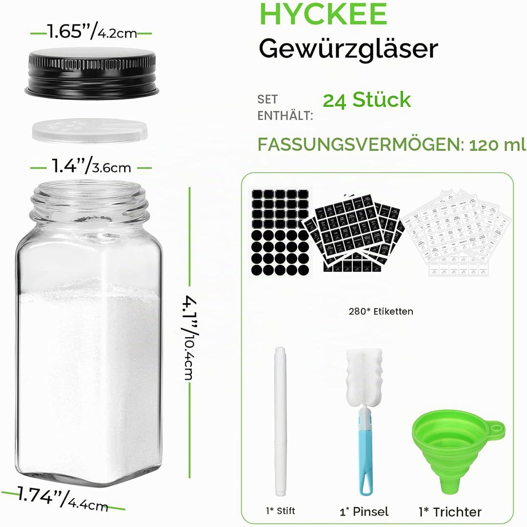 24 Premium Glass Spice Jars (4oz/120ml) with Black Metal Lids - Complete Set with Spice Labels, Shak