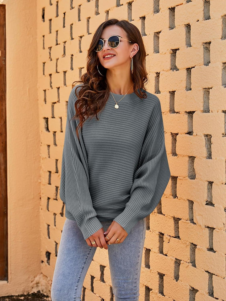 Fessceruna Damen Strickpullover Fledermausärmel Oversized Pullover Rundhalsausschnitt Winter Gerippt