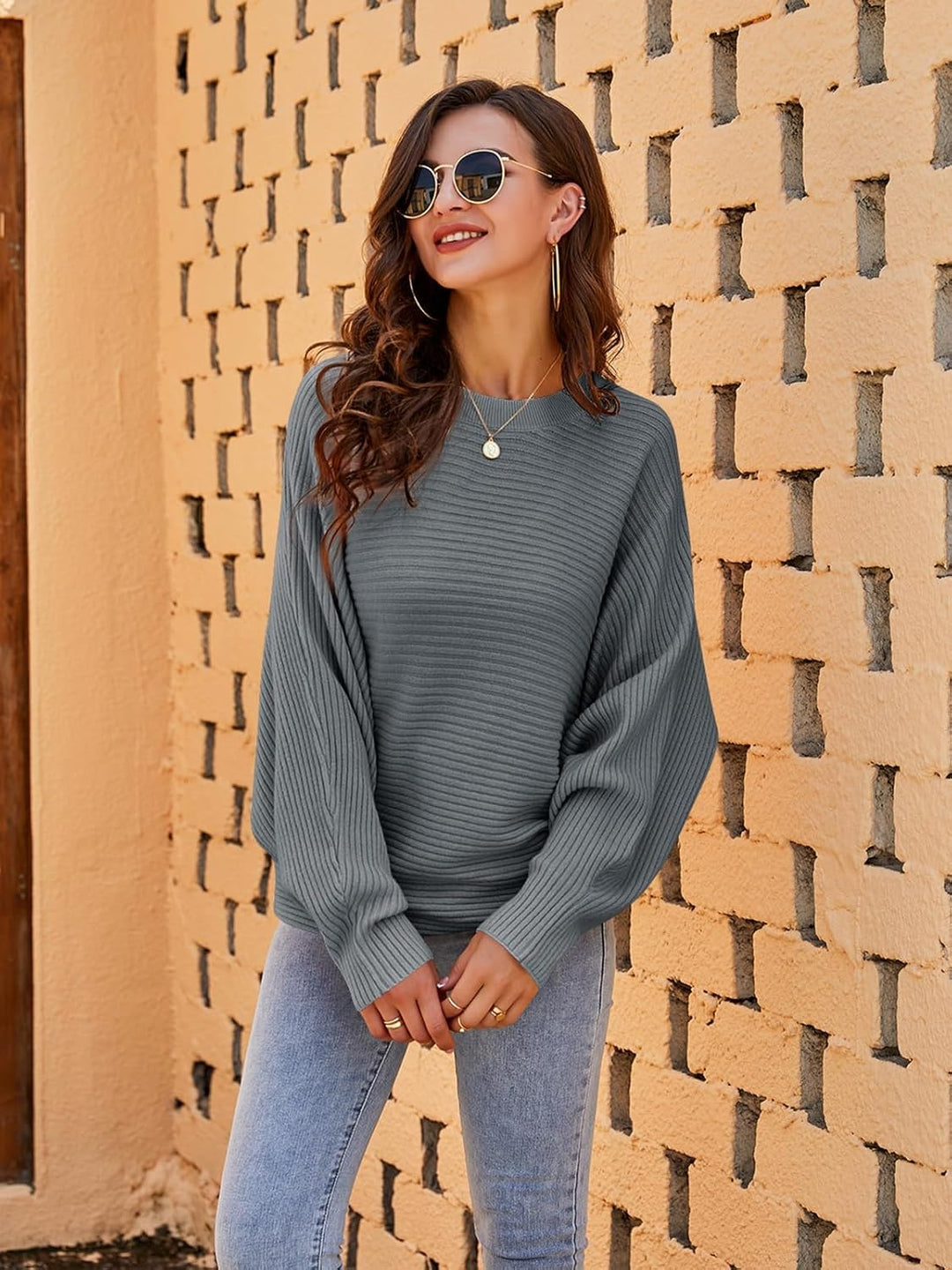 Fessceruna Damen Pullover Oversize Fledermausärmel Strickpullover Winter Rundhals Pulli Geripptes Sw