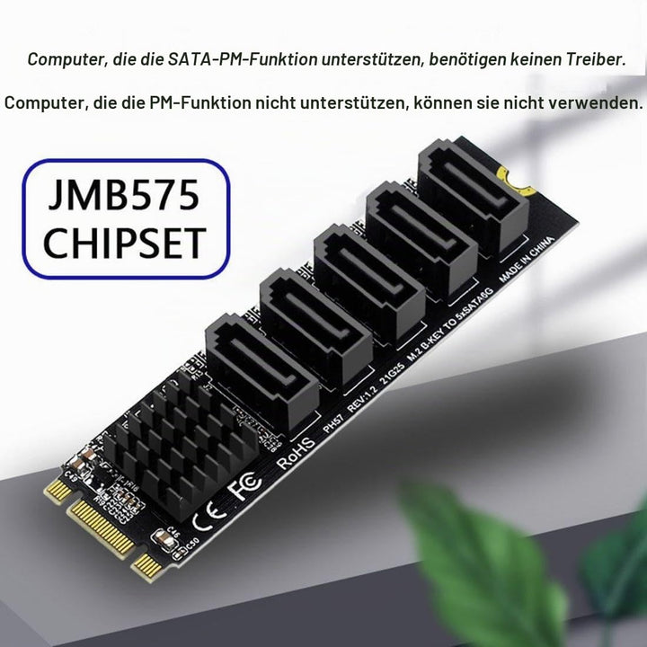 chenyang 5 Ports M.2 auf SATA Adapter, B+M Key NGFF 1 auf 5 SATA 3.0 Port Erweiterungskarte mit JMB5